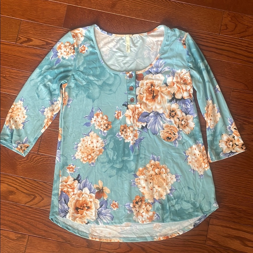 Floral Women's Top in Blue and Orange
